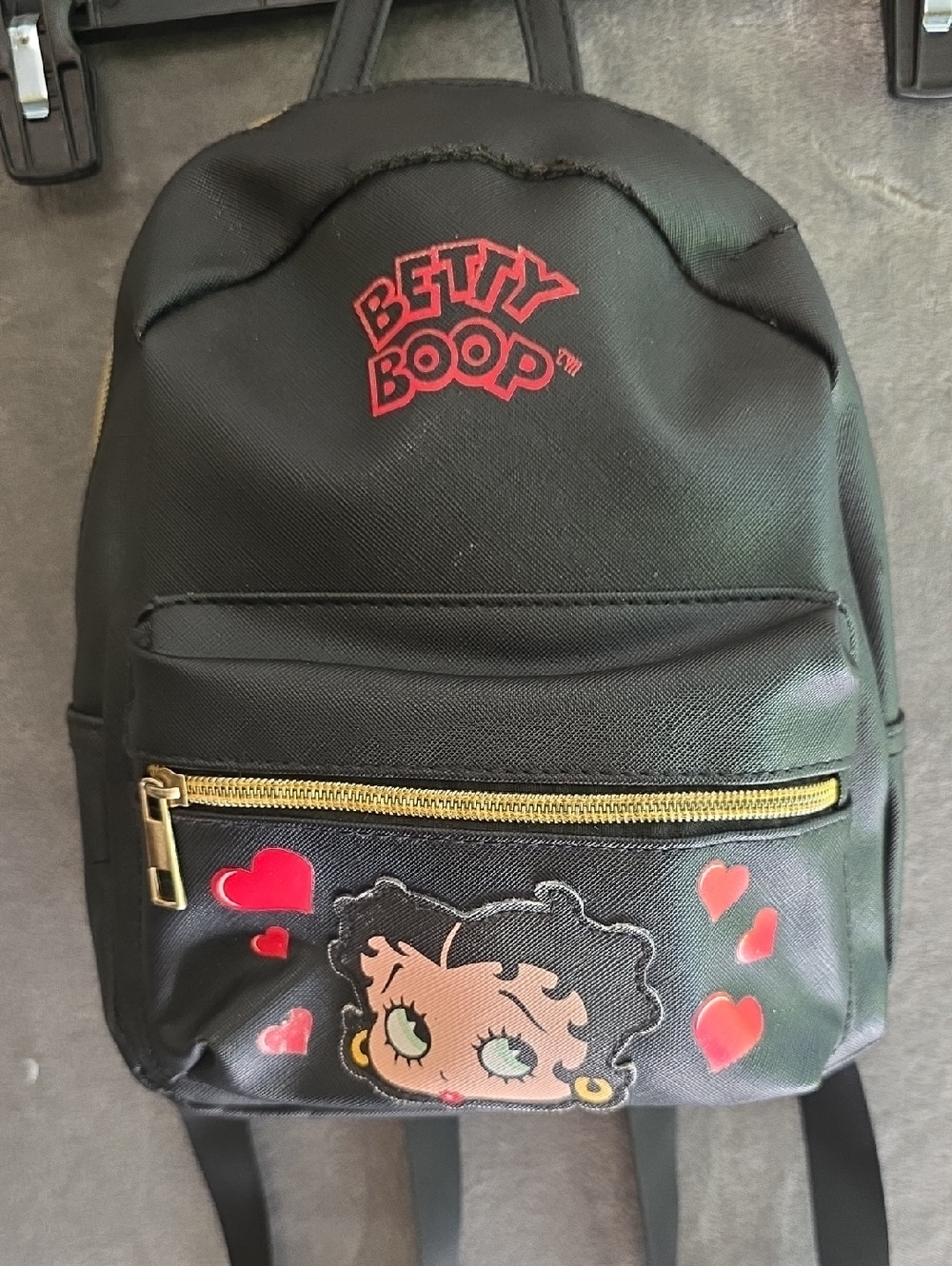 Betty Boop Black Mini Backpack with Red Heart Accents and Gold Zipper